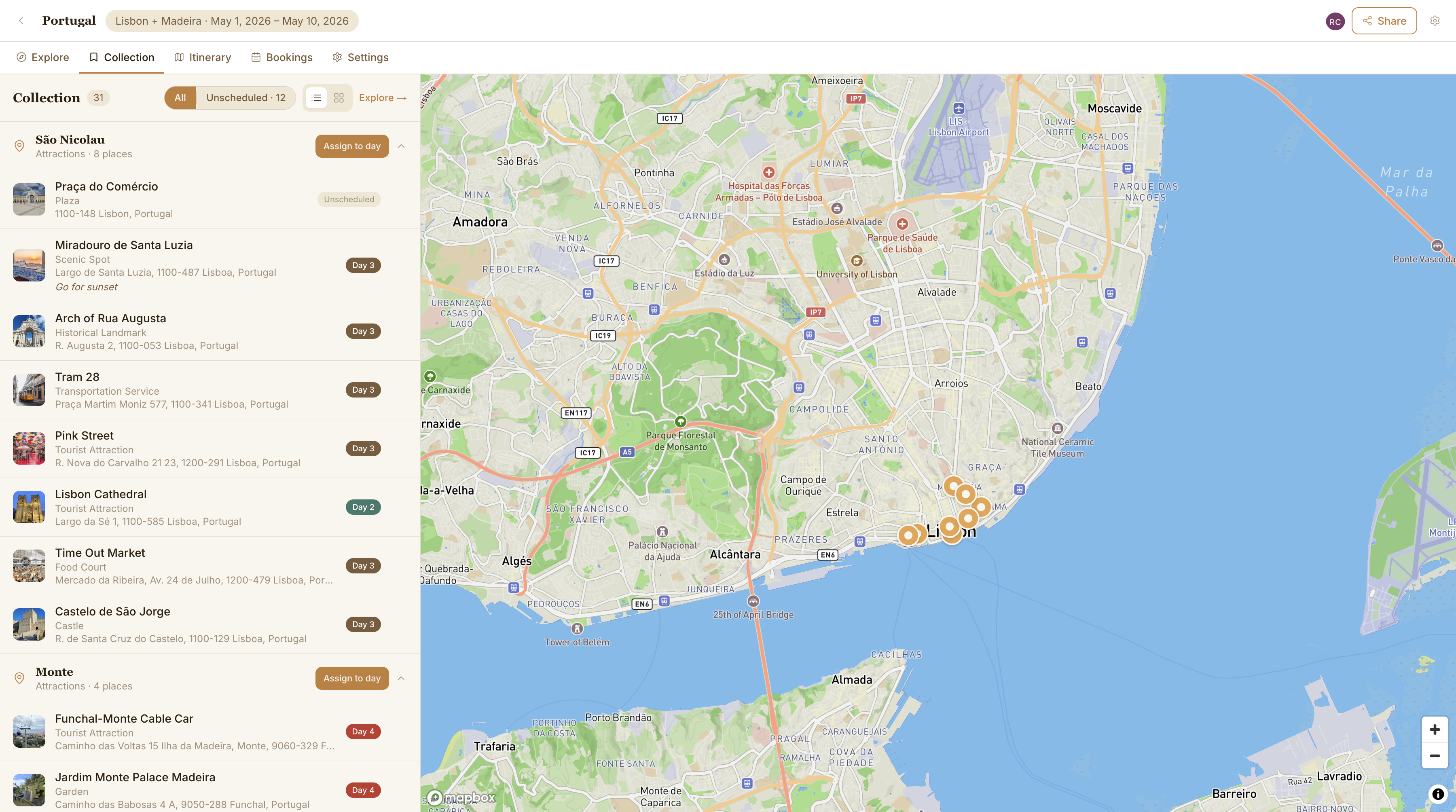 Nomah collection tab showing saved places grouped by area