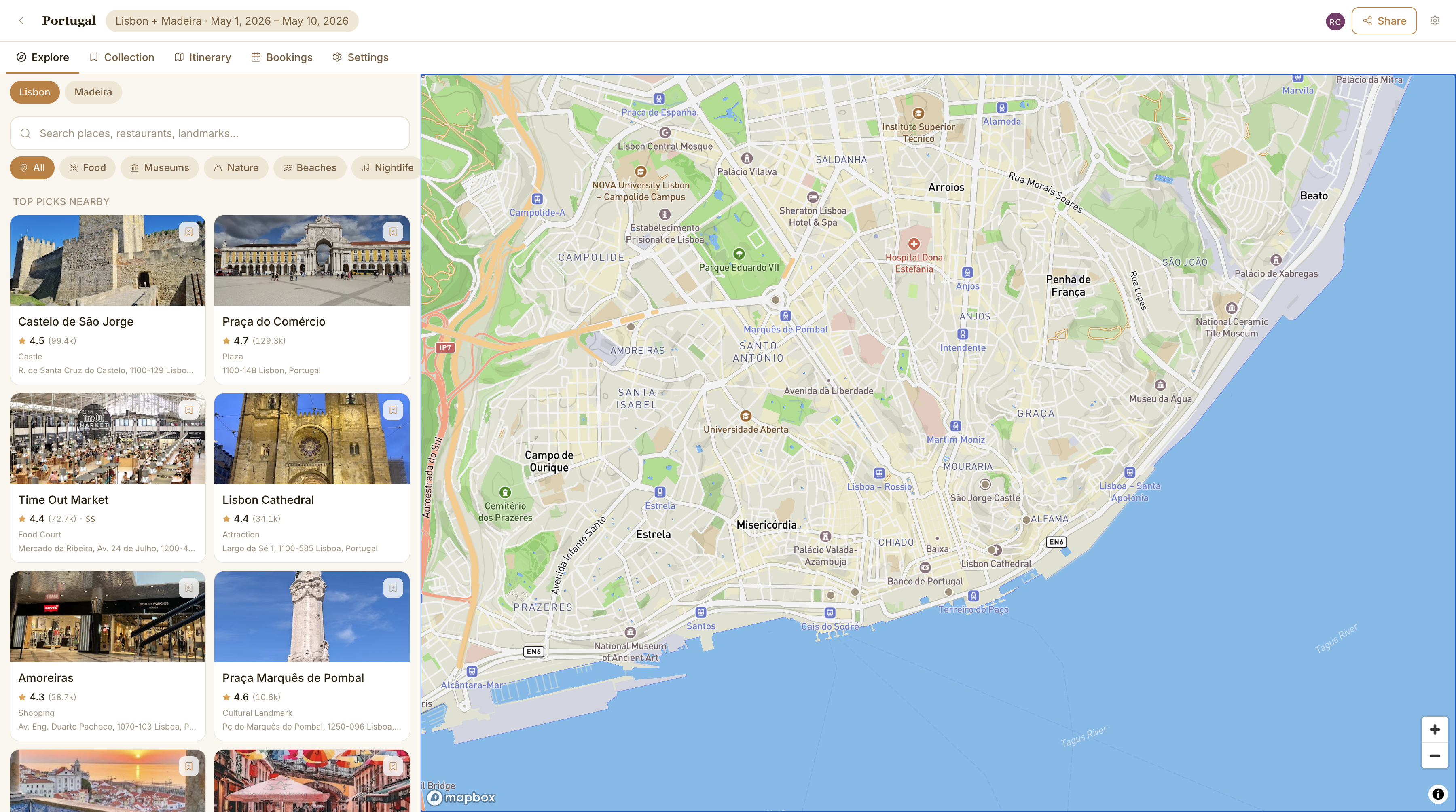Nomah explore tab showing nearby places on a map