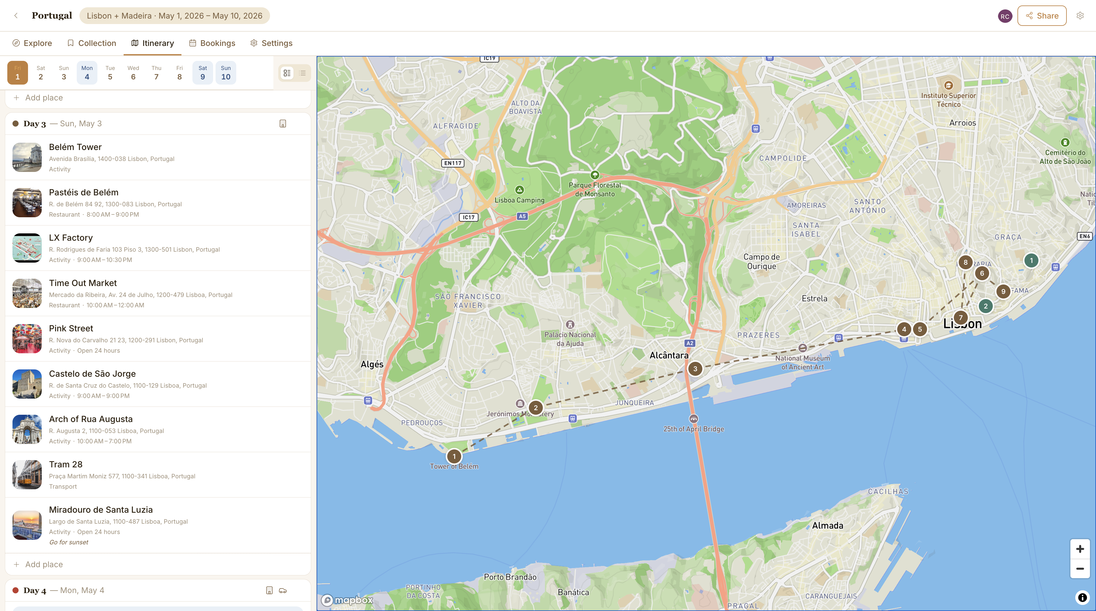Nomah itinerary view showing a Portugal road trip with a live map